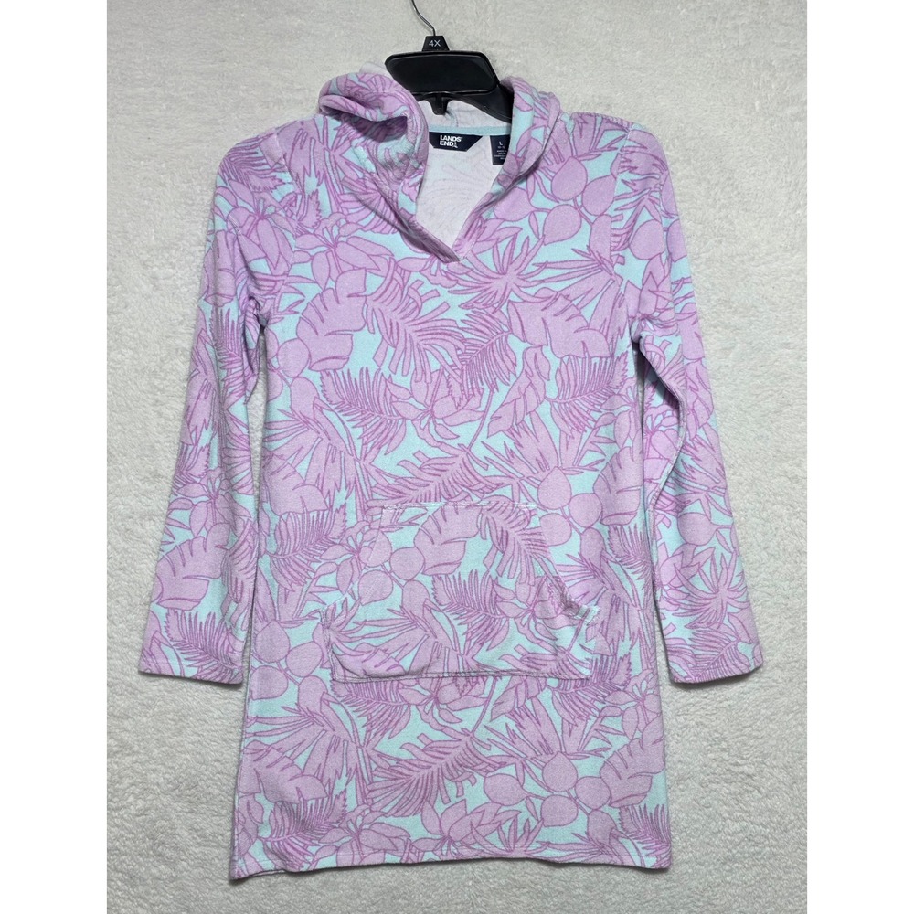 Lands End Girls Hooded Terry Swim Cover-Up Paradise Aqua Palm Foliage L 10-12